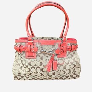 Coach Signature Canvas Satchel Handbag Red Leather Trim Shoulder Bag
#coachbag